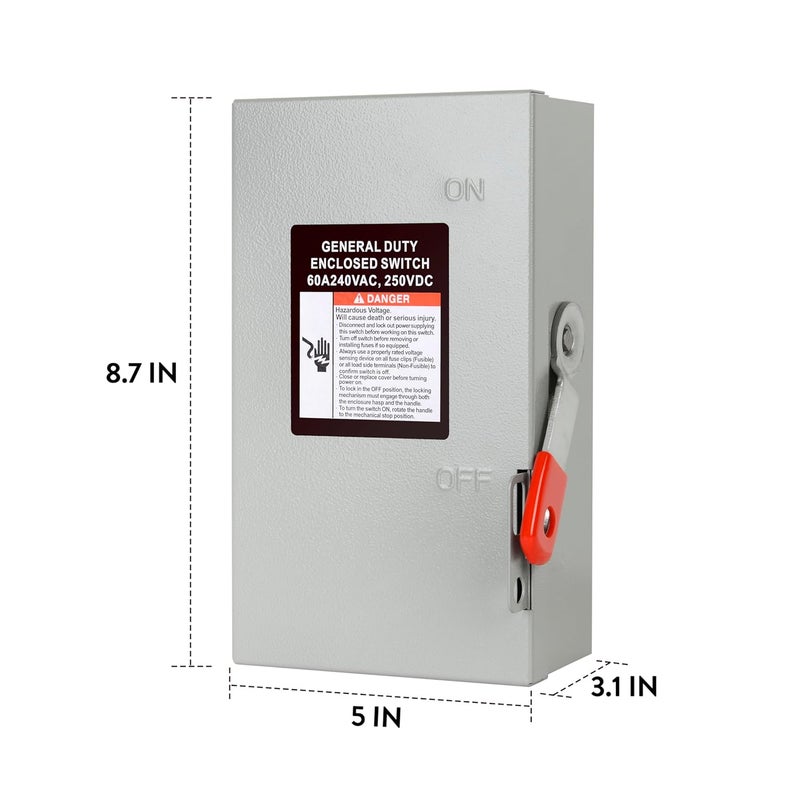 S7 2P 60A 120/240V Single Phase 2 Wire Duty Safety Switch Outdoor Non-Fusible Safety Switch - Image 4